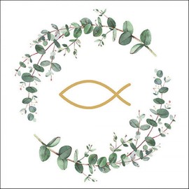 Ambiente Napkin Lunch 33 x 33 cm Communion Branches White Eucalyptus Ring Fish Wreath 20 Pieces per Pack