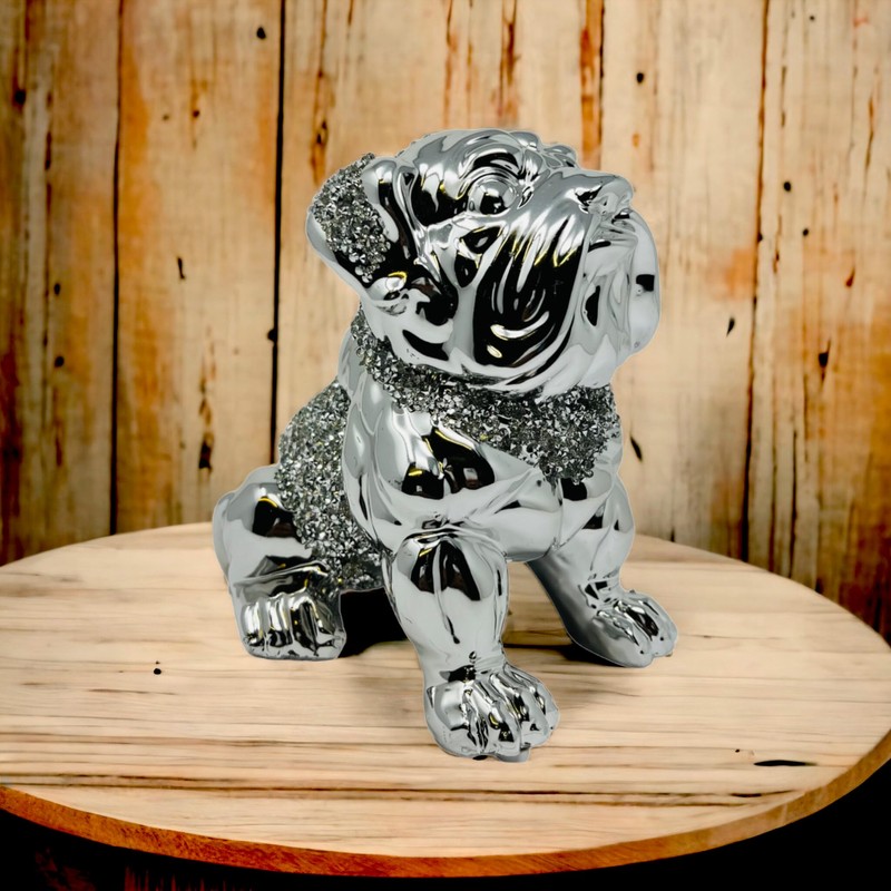 LondonMart Crushed Diamond Silver Bull Dog Ceramic Sparkly Crowned Puppy