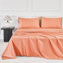 JELLYMONI Full Sheet Sets Orange - 400 Thread Count 100% Cotton Sheets, 4 Pieces Silkly Sateen Cotton Sheet Set, Wrinkle Free Hotel Luxury Bedding