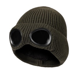 TAGVO Winter Warm Knitted Hat, Windproof Thermal Soft Fleece Lining, Skiing, Hiking, Running Hat with Removable Goggles, Slouchy Thick Skull Cap for Men, Women, Adults, Outdoor Sports, olive green