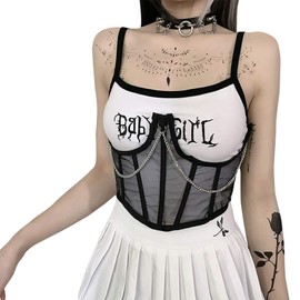 ANKOMINA Mesh See Through Bustier Lace Up Boned Corset Bodyshaper Crop Top Underbust Waist Cincher Wide Belt for Women