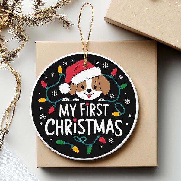 Puppies First Christmas Round Ceramic Ornament 3 inches Cute Puppy