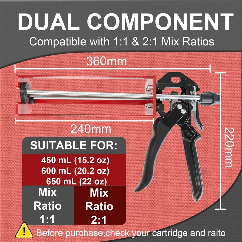 Epoxy Gun Dual Cartridge Applicator 450mL/600mL/650mL, Manual 1:1 & 2:1