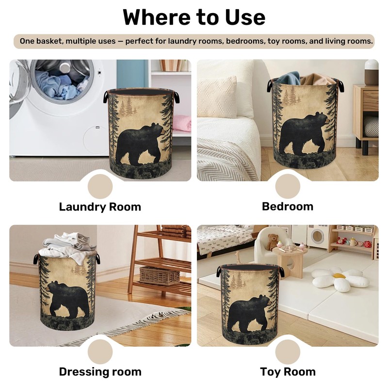 Forest Cabin Bear Laundry Basket - Heavy Duty 60L Dirty