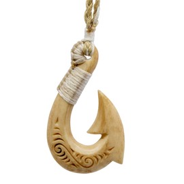 New Zealand Maori/Hawaiian Inspired Aged Bone Fish Hook Necklace with Scrimshaw - Medium