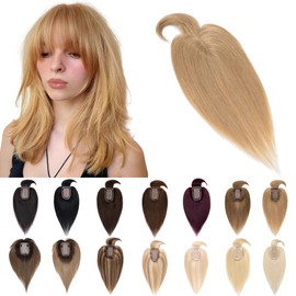 SEGO Hair Toppers for Women Real Human Hair With Bangs 7 * 13CM Silk Base 100% Remy Human Hair Clip in Top Wiglet Hair Pieces for Thinning Hair -16 Inch Dark Blonde
