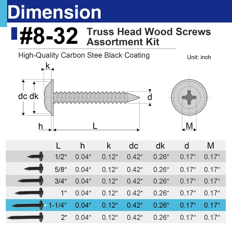 100 Pcs #8 x 1-1/4" Black Wood Screws, Pan Head