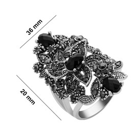 Yfnfxl Women Crystal Rhinestone Vintage Rings Black Marcasite Cocktail Statement Silver Ring