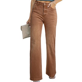 Sidefeel Jeans for Women Trendy 2025 Wide Leg High Waisted Stretchy Casual Fall Straight Leg Denim Pants Brown Size 10