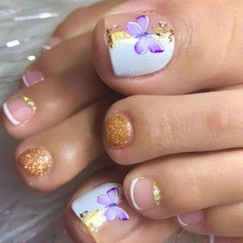 Square Press on Toenails Short False Toe Nails with Butterfly Rhinestone Pearl Design Gold Glitter Toenail Glue on White French Tip Toenails Stickers Light Pink Toe Nails Press ons for Girls 24Pcs