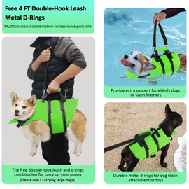 Petglad Dog Life Jacket with 4ft Leash, Reflective Pet Life Vest with Zipper and Handle for Swimming Boating, Adjustable High Buoyancy Floatation Swim Vest for Small Medium Large Dogs - Green, S