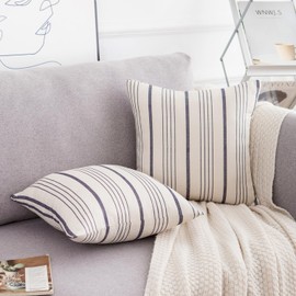 LRartdeco Boho Cushion Cover, 40 x 40 cm, Beige Cushion Cover, Blue Stripes, Decorative Cushion Cover, Modern Simple Couch Cushion, Linen Decorative Cushion Covers for Sofa, Living Room, Bedroom