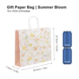 Pomei 20 PCS Gift Paper Bags-Summer Bloom, Printed White Kraft paper with White Flat Handles, 12"x10.8"x2.9", Paper Bags for Gifting, Retail, and Shopping.