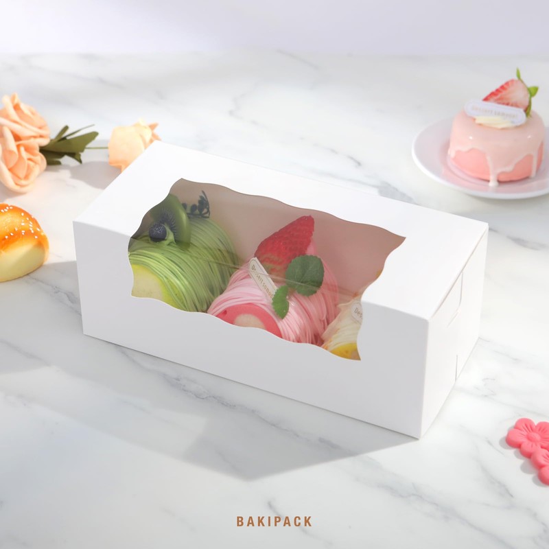 BAKIPACK 15 Roll Cake Boxes, White Bakery Boxes with Window,