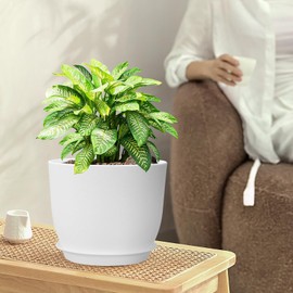 WSMKSZ 12/10/9 inch Large Plant Pots, 3 Pack Modern Decorative Plastic Planters with Drainage Holes and Saucers, Flower Pots for Indoor Outdoor Plants, White