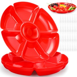 Zhehao 4 Pcs Sectional Round Plastic Serving Tray Party Divided Tray with Disposable Fork, 10.6 Inch 7 Section Snack Food Platter Nut Candy Veggie Fruit Dish Platter(Red)