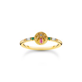 THOMAS SABO TR2457-488-7 Women's Ring with Palm Tree and Colourful Stones Gold-Plated 925 Sterling Silver 750 Yellow Gold Plating, Sterling Silver, No Gemstone