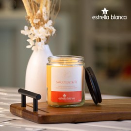 Estrella Blanca Sweet Peach – 9oz Soy Wax in Clear Glass Jar with Black Lid, Long-Lasting Fruity Aromatherapy, Relaxing Home Fragrance, Living Room or Bedroom Decor