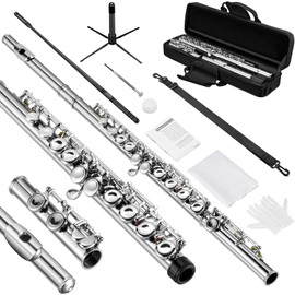POGOLAB Flutes, Closed Hole C 16 Keys Flute Instrument, Student Flute for Beginner Advanced Player with Flute Cleaning Kit, Carry Bag, Stand, Strap, Probe Rod, Gloves, Nickel Flute