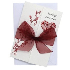 Pack of 10 Burgundy Wedding Invitations with ribbon and envelopes- Gatefold style!