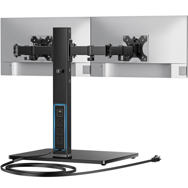 HUANUO Dual Monitor Mount with Power Outlet, Computer Monitor Stand