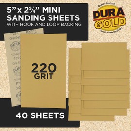 Dura-Gold Premium 5" x 2.75" Gold Sandpaper Sheets, 220 Grit (Box of 40) - Hook & Loop Backing, Wood Furniture Woodworking, Auto Paint - for Palm Sanders, Clip-On, Hand Sanding Blocks