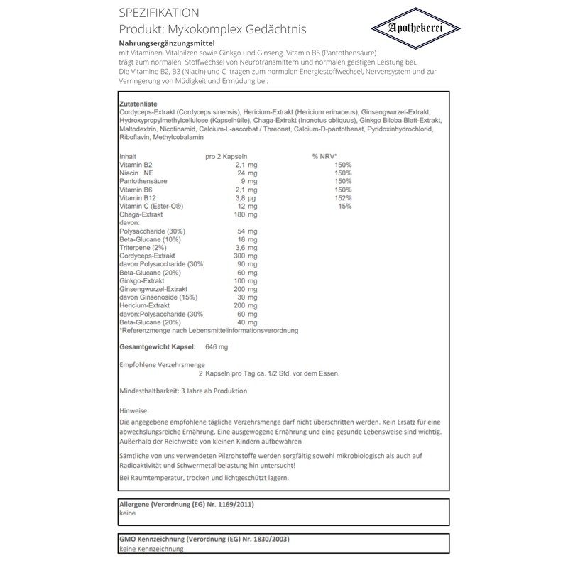 Apothekerei Mykokomplex Memory Pack of 90 Capsules