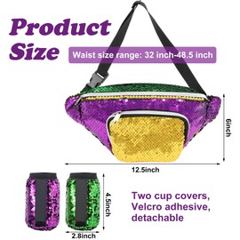 Wehhbtye Mardi Gras Fanny Pack, Mardi Gras Sequins Waist Pack with 2 Drink Holders, Reversible Purple Gold Green Glitter Belt Bag for Women Men Carnival Party Decoration Outfit Accessories