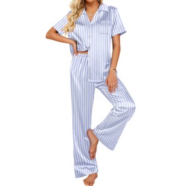 Ekouaer Womens Silk Satin Pajamas Set Button Down 2 Piece Pjs Wide Leg Long Pants Sleepwear Lounge Set with Pockets
