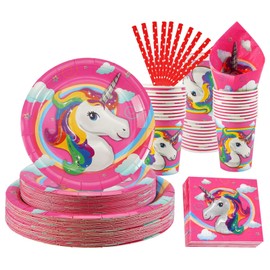 NASUN 100Pcs Paper Disposable Dinnerware Set Unicorn Party Tableware Set Rainbow Unicorn Party Decorations for Girls Party Including Dinner Plates Cups Napkins Straws For 20Guests