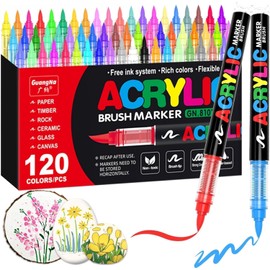 GenuisArt 24 Colors Acrylic Marker With Double Brush Tips Automatic Ink Control, Water Based Ink Paint Markers For Rock, Wood, Ceramic, Glass, Stone, Fabric, DIY Crafts Textile & Art Supplies 12PCS