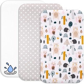 Lovely Hippo 2 x Fitted Sheets 83 x 50 cm 100% Cotton + 1 x Mattress Protector 100% Waterproof Material - Set 3X - Compatible Chicco, Kinderkraft (Forest Animals, 50 x 83 cm)