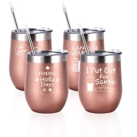 Christmas Stemless Wine Tumbler Set of 4, Funny Christmas Gifts for Women Wine Lovers Mom Sister Best Friends, Housewarming Gifts, Insulated Stainless Steel Wine Tumbler with lid(12oz, Rose Gold)