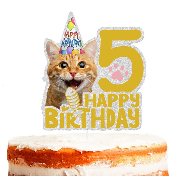 Decoración para tarta de cumpleaños con purpurina dorada para el 5º cumpleaños de los niños y niñas, suministros de decoración para fiestas de cumpleaños, elección para lindo gato encantador de cinco años de edad