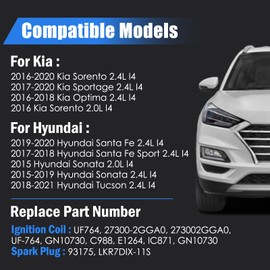 Set of 4 Ignition Coil Packs & Iridium Spark Plugs Compatible with Hyundai Sonata Tucson Santa Fe Sport 2.0L 2.4L, Compatible with Kia Sorento Sportage Optima Sorento 2.0L 2.4L, Replaces # UF764 93175