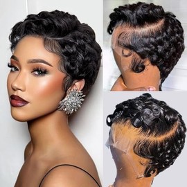 Short Curly Pixie Cut 13x4 Lace Front Wig Human Hair Wigs 13x4 HD Lace Frontal Wigs Short Layered Curly Glueless Wig Pre Plucked Deep Wave Pixie Cut Human Hair Wigs for Black Women, Natural Black