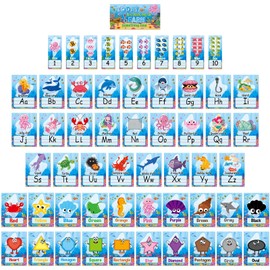 QOUBAI 57Pcs Under the Sea Alphabet Number Bulletin Board Set Ocean Letters Number Colors Shapes Poster Back to School Wall Educational Learning Card for Teacher Preschool Kindergarten Classroom Decor