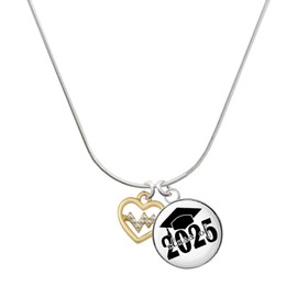 Delight Jewelry Goldtone Heart - Crystal Heartbeat Script Class of 2025 Dome Charm Necklace, 18"