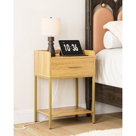 AEPOALUA Nightstand with Charging Station,Bedside Table with Drawer and 2 Shelf Storage, Small Side Table, Modern Oak Night Stand, Tall End Table for Bedroom, Living Room