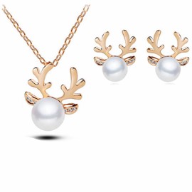 Pearl Deer Antlers Necklace Earrings Set 3Pcs Crystal Elk Pendant Necklace Studs Jewelry for Women Girls Christmas Gifts (Gold)