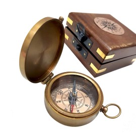 Antique Brass Compass Functional Direction Sailor Article Brown Wood Royal Box Compasses
