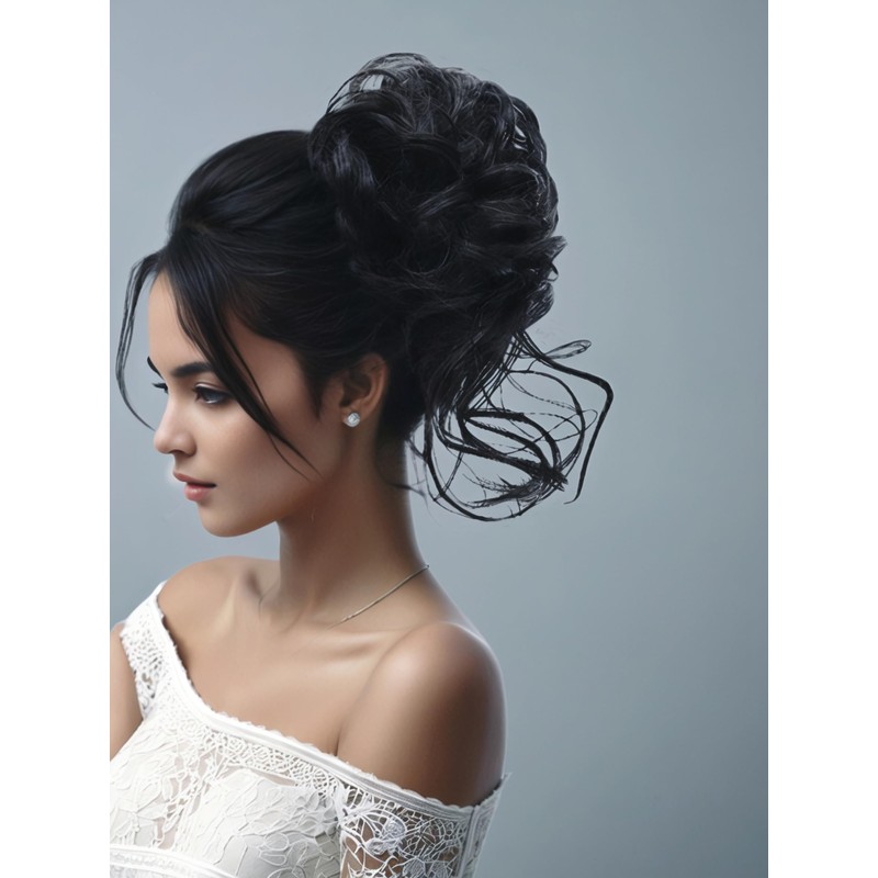 Black Messy Bun Hair Clips with Hair Attached Curly Ponytail
