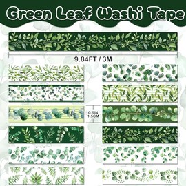 Juego de cinta Washi, 12 rollos de cinta decorativa de hojas verdes, plantas tropicales, cinta de enmascarar para suministros de diario, diario basura, álbumes de recortes, manualidades y