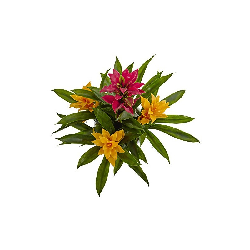 Nearly Natural Tropical Bromeliad Artificial Plant in White Swirl Vase