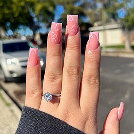 24Pcs Heart Press on Nails Medium Coffin Pink Fake Nails Full Cover False Nails Cross Star Design Square Acrylic Stick on Nails Artificial Nails Glue on Nails for Women Nail Extension Techniques Art