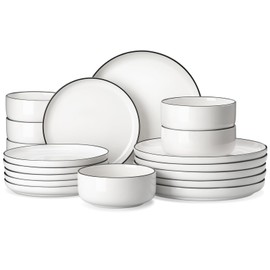 MALACASA Plates and Bowls Sets, 18 Pieces Modern Porcelain Dinnerware Set for 6 White Kitchen Dinner Ware Set wtih Black Rim Ceramic Dishware Dishes Microwave and Dishwasher Safe, Series LUNA