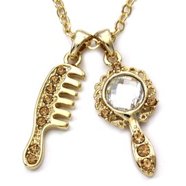 SoulBreezeCollection Hair Stylist Accessories Comb Brush & Mirror Necklace Beauty Salon Pendant Charm Costume Jewelry 17.25"