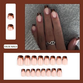 Press On Nails - 24Pcs Short Square False Nails Leopard Charms Design - Brown French Cheetah False Nail - Removable Glue-on Nails Fake Nail Acrylic Full Cover Nail Women Girls