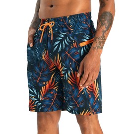 APTRO 2 in 1 Men's Swim Trunks 9" with Zipper Pockets Bathing Suit Built-in Board Shorts Swimwear Long Shorts Palm Orange L