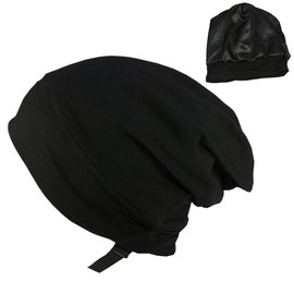 CNFCO Adjustable Hair Cover Bonnet Satin Lined Sleep Beanie Cap, Black, Medium-Large
